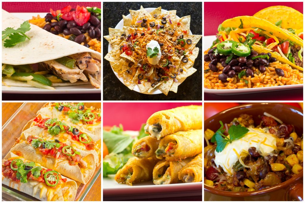 Collage of various Mexican dishes including enchiladas taquidos nachos and fajitas