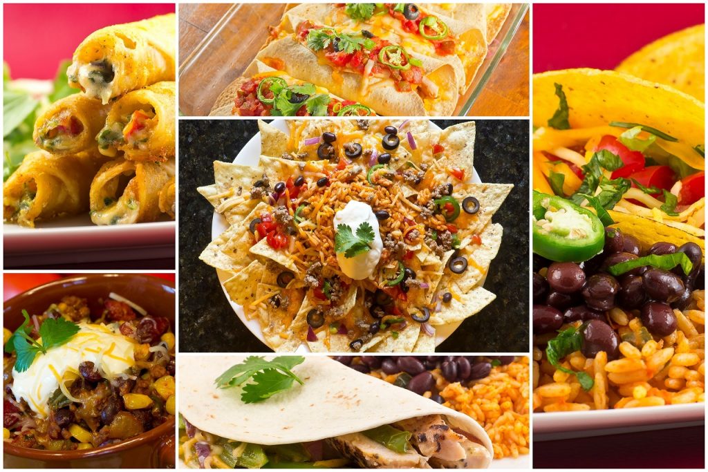 Collage of various Mexican dishes including enchiladas taquidos nachos and fajitas